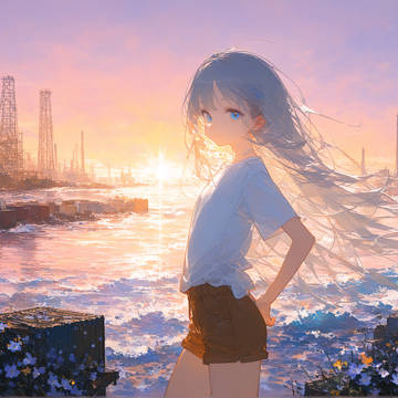 銀髪少女、夕景、荒廃した世界の海辺で