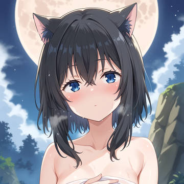 猫と月下の温泉