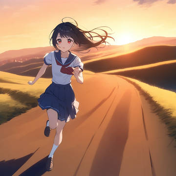 Girls running under the sunset