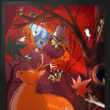 紅葉に鹿と蛙
