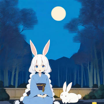 満月の夜にうさぎさんと灯籠流しをするあかりちゃん