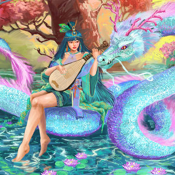 Asian girl and dragon colourful