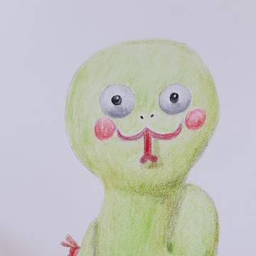 『飛び出た目の、ヘビちゃん』色鉛筆画。イラスト。