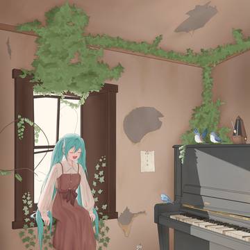 Old house and singing Miku
