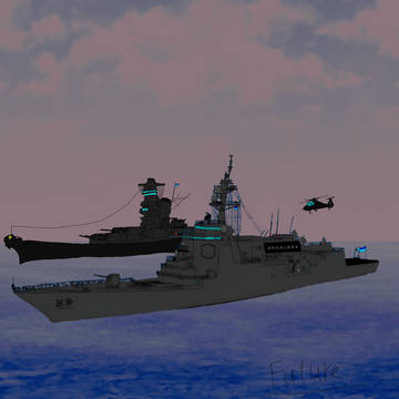 夕暮れの中、基地に帰る艦艇