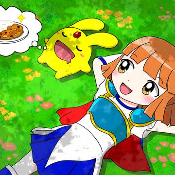 木漏れ日が差し込む草原で休憩をするアルルとカーバンクル