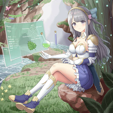 ダンジョン前で回復アイテムの残数を確認する女剣士ちゃん