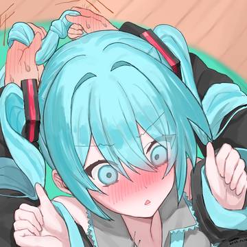 マスターと髪に絡まってしまったミクちゃん