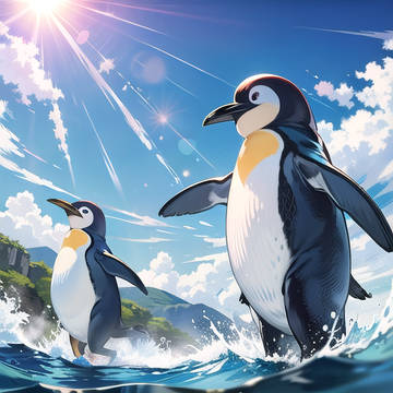 海辺ではしゃぐペンギンたち