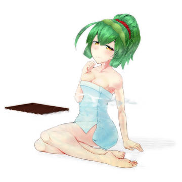 東北ずん子と湯に浮かぶお盆。バスタオルは巻き出す方がズレ落ちにく