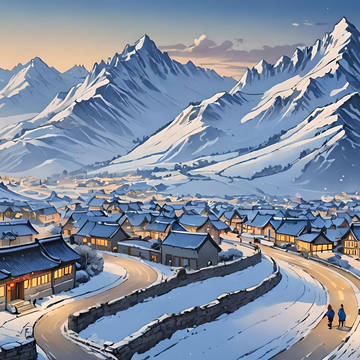 【AI生成】 雪山と英国風の街並み
