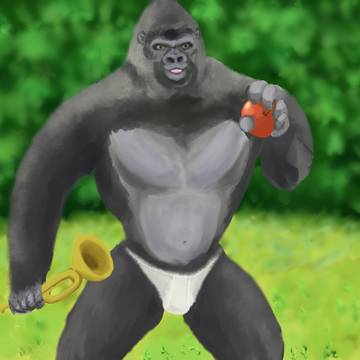 りんごを握りしめたゴリラがラッパを持ってパンツも履いていた