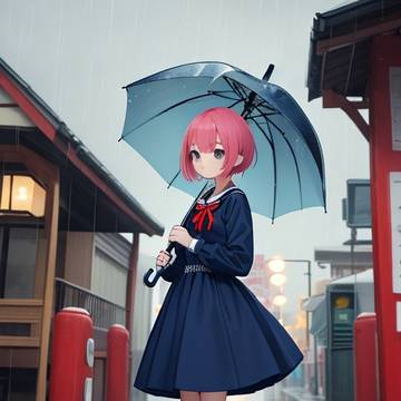 制服に長靴姿の赤毛の少女
