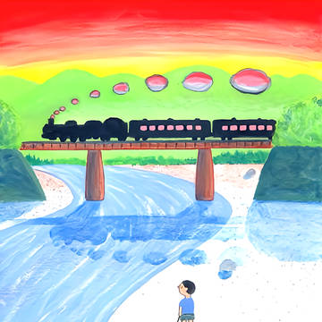 昭和っぽい情景の絵　「鉄橋のある風景」