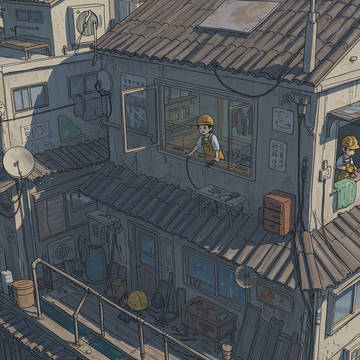 洋上に浮かぶトタン作業場