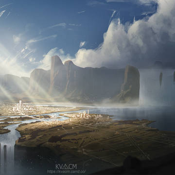 City Between Waterfall Cliffs