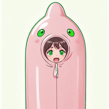 桃色コンドームの着ぐるみに身を包んだ女の子