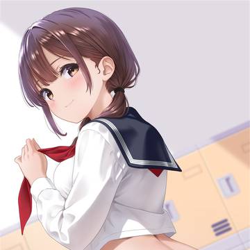 リボンを外す制服のおさげ娘