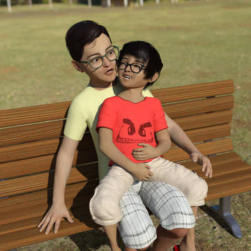 On his lap