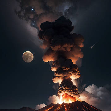 Erupting volcano at night