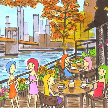 NYブルックリン橋のカフェを楽しむガールズ