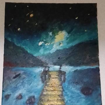 夜の波止場　三層目　油絵