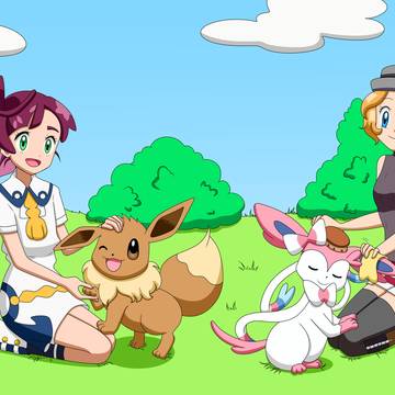 Chloe and Serena petting Pokemon