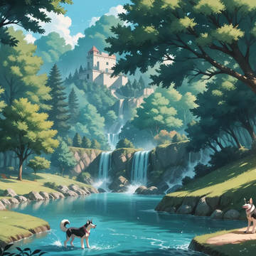 公園の水辺で水遊びをするハスキー