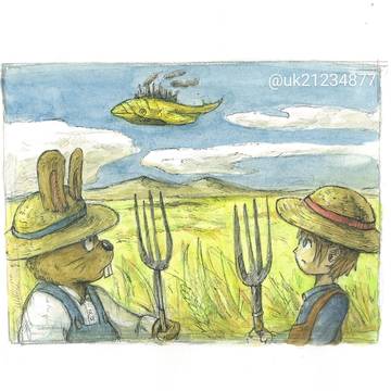 空飛ぶ鯨の飛行船と麦畑　