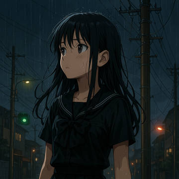 夜の街　雨の女の子