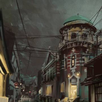 雨の夜の路地の絵