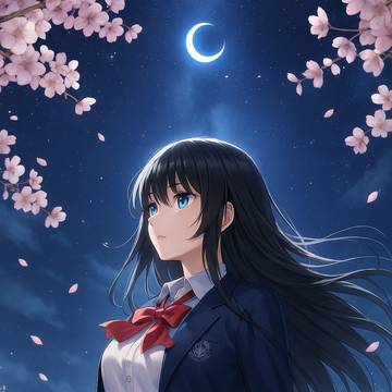 夜桜に立つ女の子