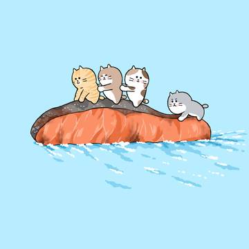 焼き鮭に乗って舟遊びする猫