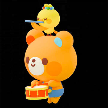 太鼓を叩くクマと笛を吹くヒヨコ