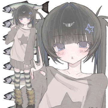 魚と黒髪ツインテ女子