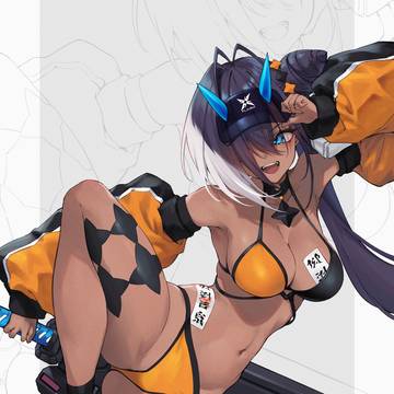褐色ビキニ片目隠れチェーンソー鬼サムライ