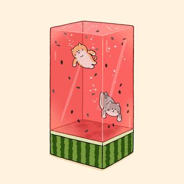 スイカのプールで泳ぐ猫