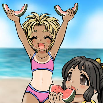 海でスイカ食べる子たち