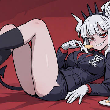 Lucifer eating some snacks
