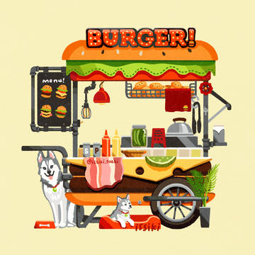 ハスキーとハンバーガーカート
