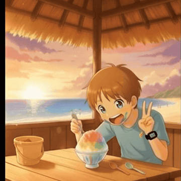 夕暮れの海の家でかき氷を食べるウッソ