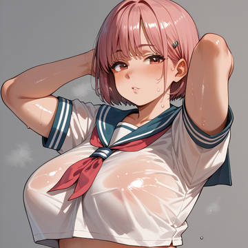 ピンクヘアショートボブ色白ムチぽちゃボイン娘の汗だくセーラー服？