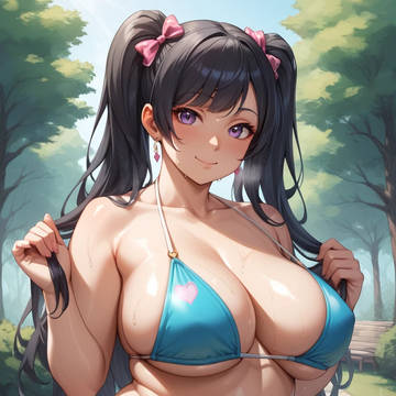 黒髪ツインテール色白ムチぽちゃボイン娘の汗だくビキニ水着