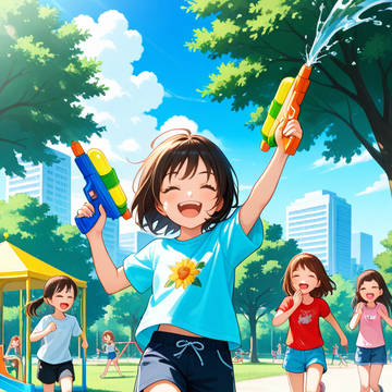 友達と水鉄砲で遊ぶ