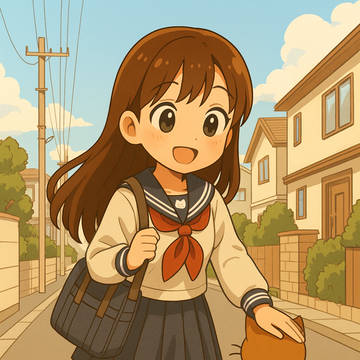 登校中に猫を撫でる女の子