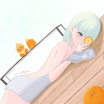 蛍光色の髪の少女とオレンジ