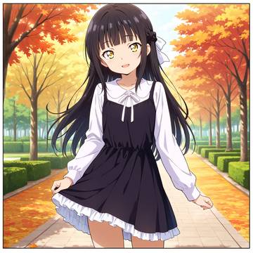 二人の私服と秋の小道