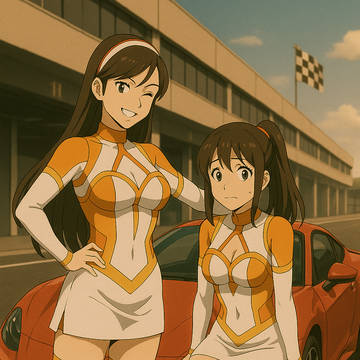 スポーツカーの前でポージングするレースクイーンに肩を抱かれる少女