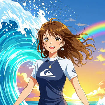 波の上で笑う灼熱サーファー!