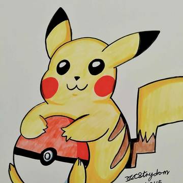 Pikachu holding a pokeball.